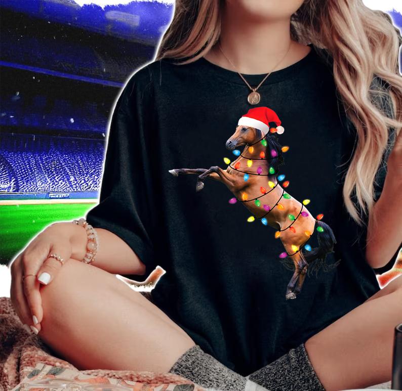 Christmas Lights Horse shirt Santa Funny Xmas Tree Horse sweater t-shirt woman shirt