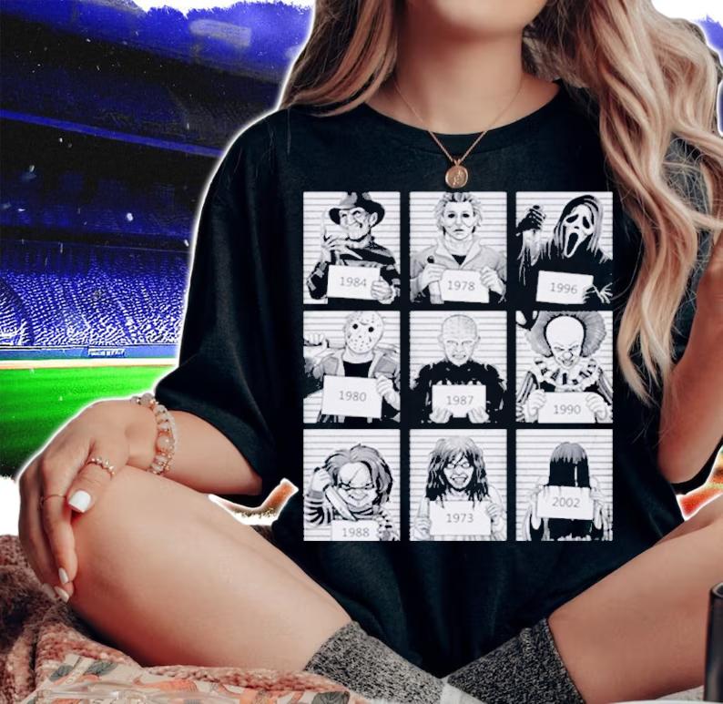 9 Faces Horror Halloween Mug Shot Shirt t-shirt woman shirt