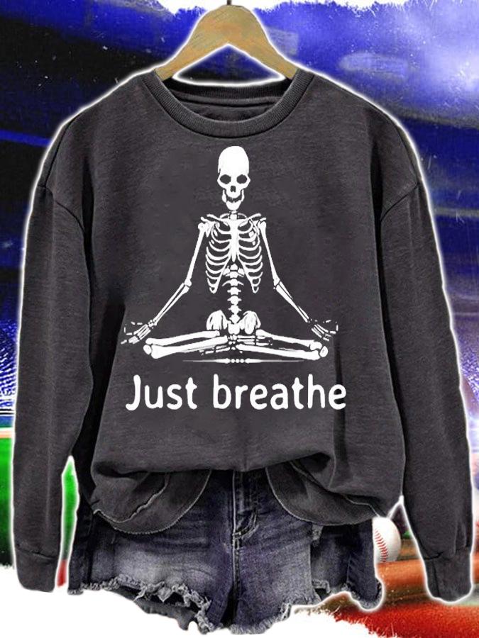 Just Breathe Skeleton In Lotus Flower Pose Yoga Funny Design T-Shirt t-shirt sweatshirt