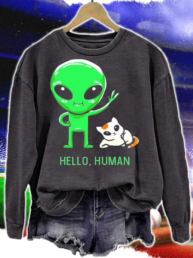 Hello Human Green Alien Cat Cute Galaxy Space Lover Gift Pullover T-Shirt sweatshirt