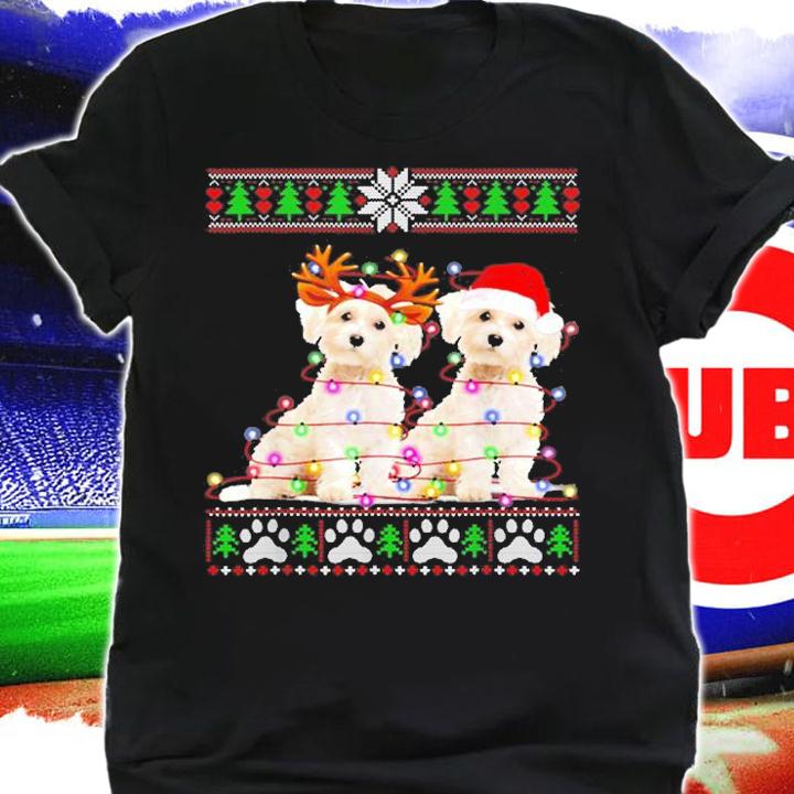 Maltese Christmas Tree Lights Santa Hat Pajama Ugly Christmas T-Shirt shirt