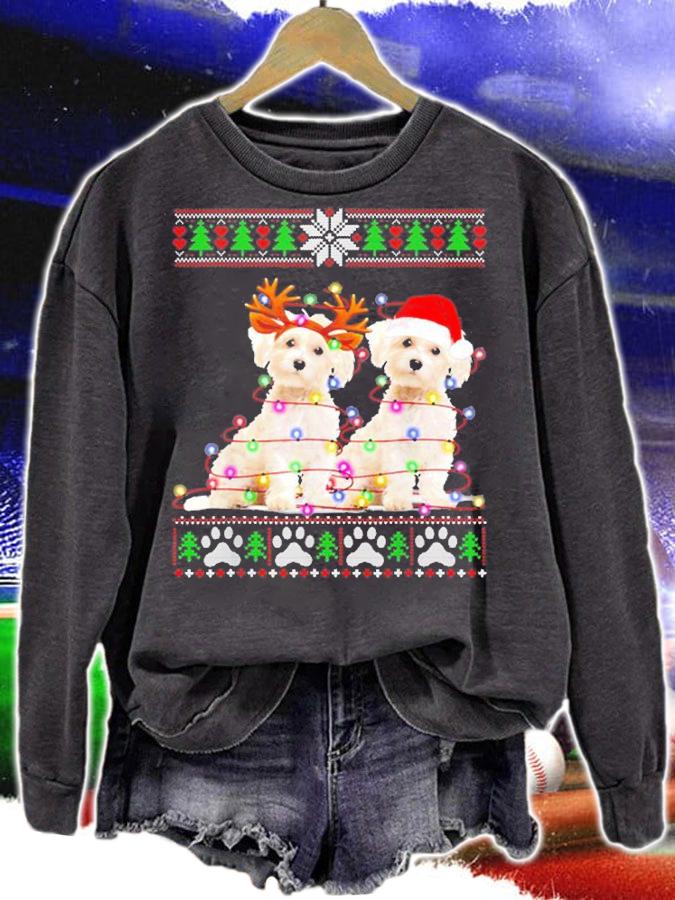 Maltese Christmas Tree Lights Santa Hat Pajama Ugly Christmas T-Shirt sweatshirt
