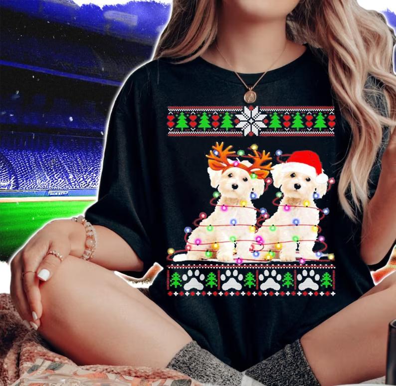 Maltese Christmas Tree Lights Santa Hat Pajama Ugly Christmas T-Shirt woman shirt