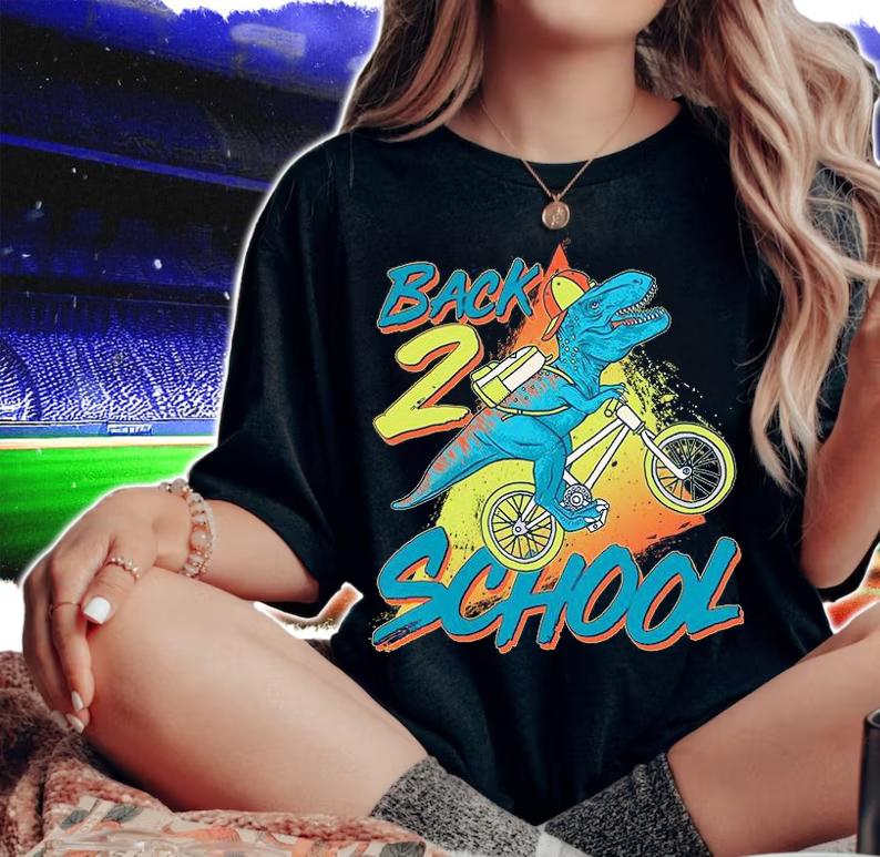 Back to 2 school trex dinosaur bike shirt