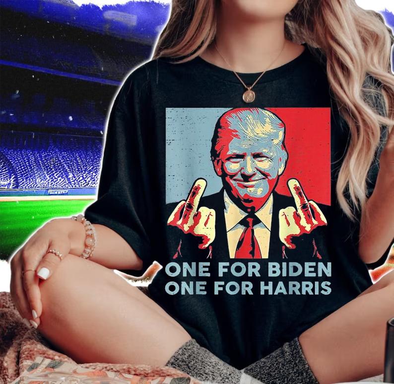 Trump Middle Finger Biden Harris Funny Political Design T-Shirt woman shirt