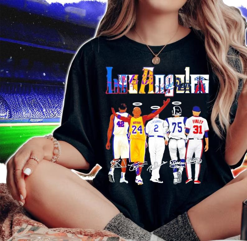 Los Angeles sports team Bryant Lasorda Finley signatures shirt
