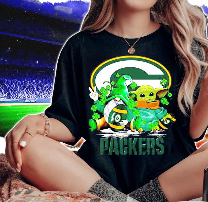 St.Patrick's day Gnome and Baby Yoda Green Bay Packers shirt woman shirt