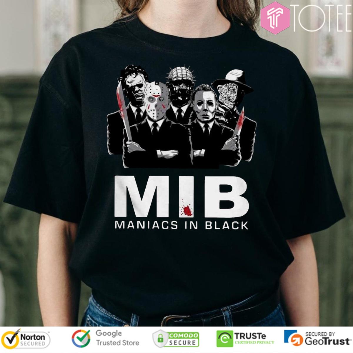 Maniacs In Black Jason Michael Freddy Leatherface Pinhead Parody MIB Shirt